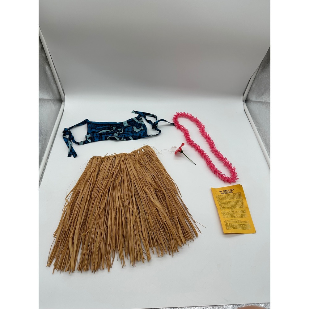 Vtg Child's Hawaiian Honolulu Hulu set Grass skirt Top Lei flower 1960s